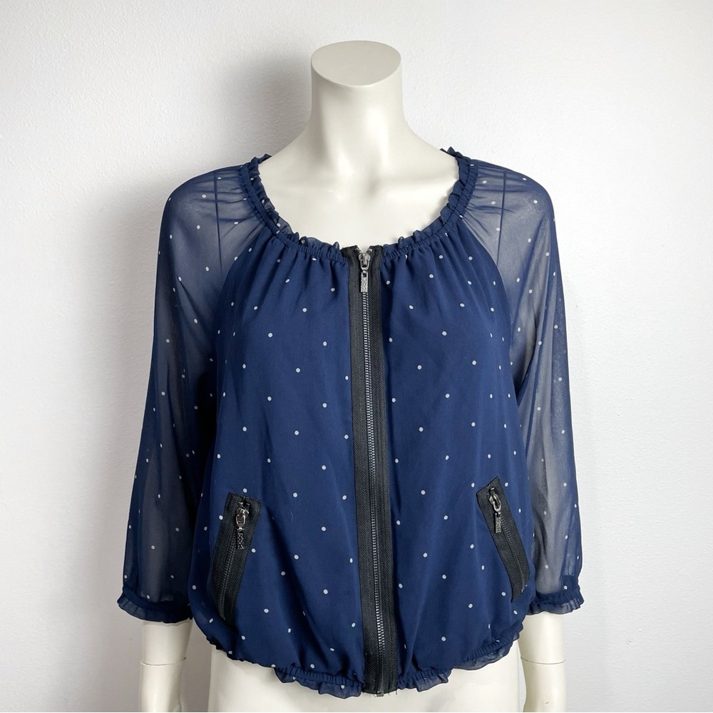 Kensie Polka Dot Blouse Top Zip Up Chiffon Navy White Small